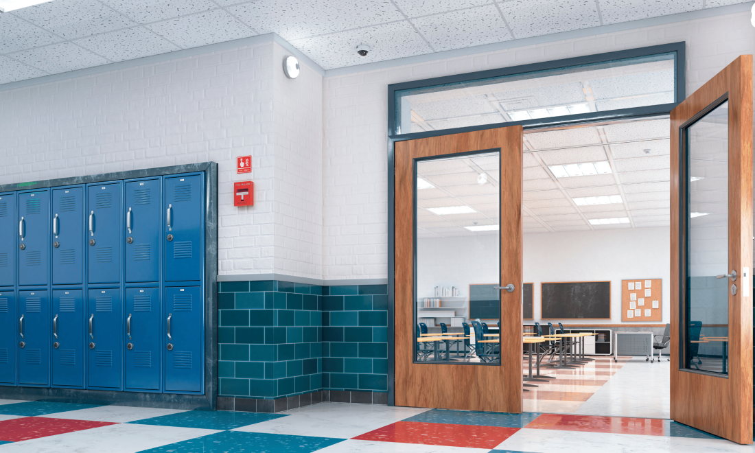 Classroom view from the hallways with lockers